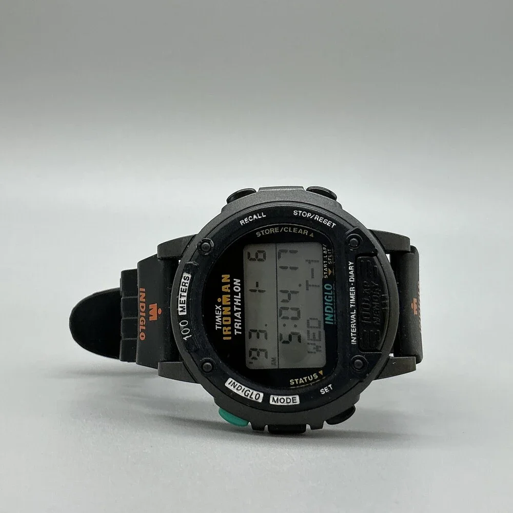 Vintage Timex Ironman Triathlon Mens Watch 44mm Gray Digital 100 Lap Indiglo